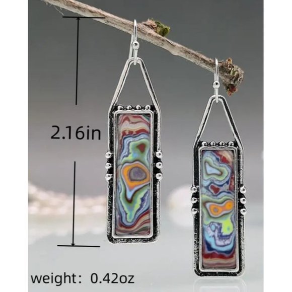 Boho Vintage Spiral Marble Pattern Colorful Stone Drop Earrings - Picture 3 of 3